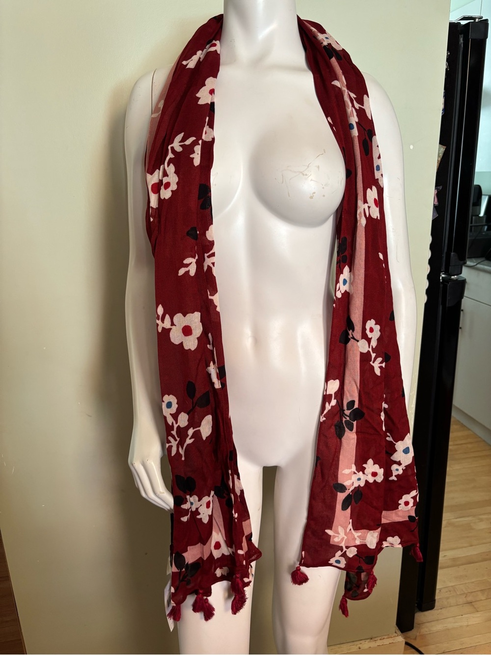 Kate Spade Floral Tassel Scarf in Deep Burgundy